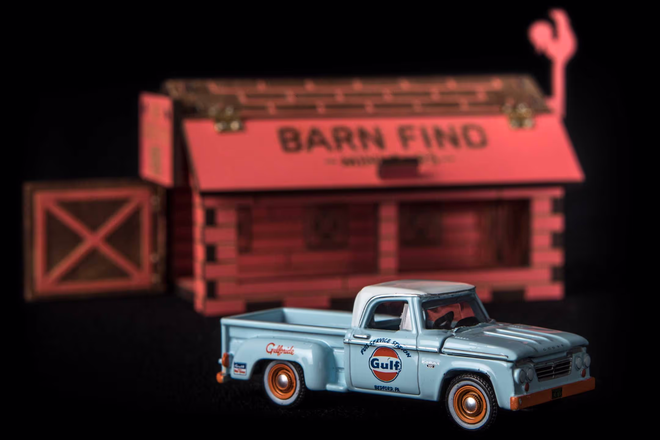 The USA set variation of Barn Find Mini Cars, showcasing the miniature Dodge pick-up truck and the custom packaging we designed, portraying the scene of an old American barn.