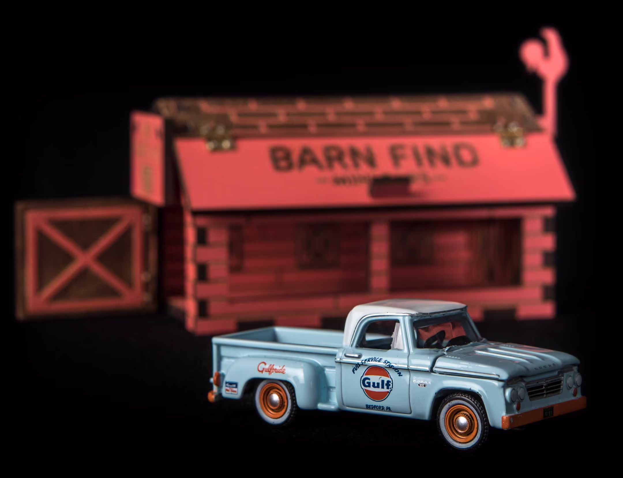 The USA set variation of Barn Find Mini Cars, showcasing the miniature Dodge pick-up truck and the custom packaging we designed, portraying the scene of an old American barn.