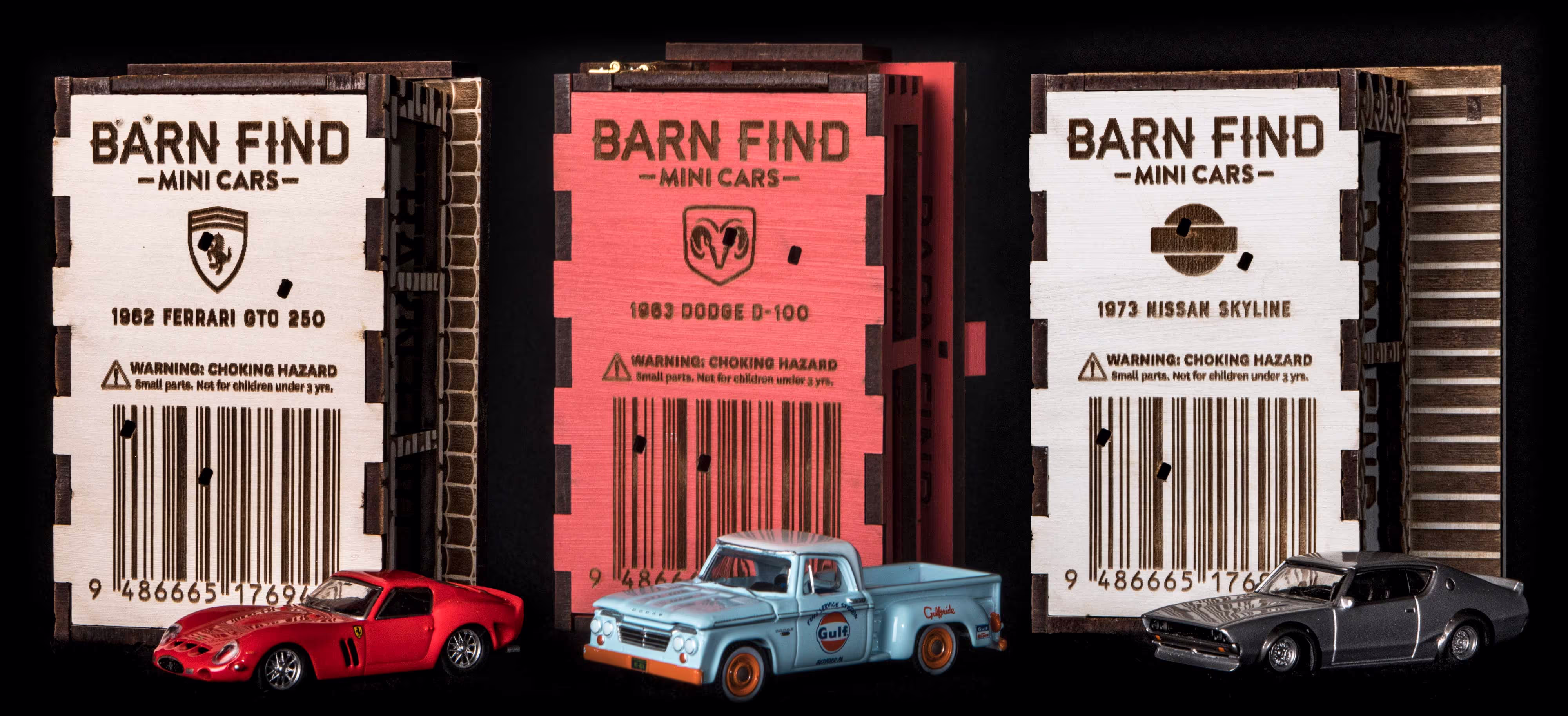 All three Barn Find Mini Car sets, showcasing each miniature car, and showing the underside of the packaging we designed.