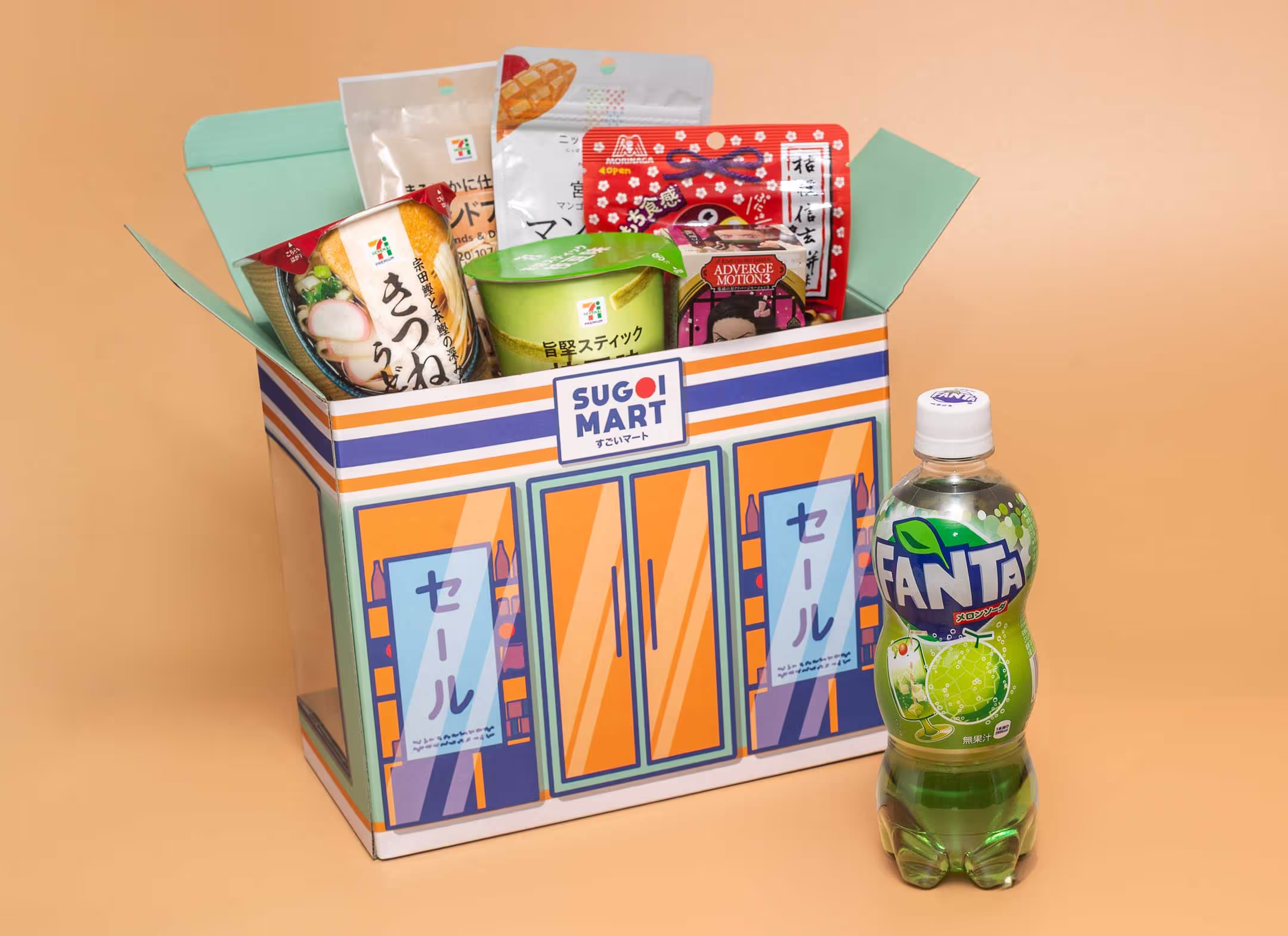 A package shaped like a mini Japanese convenience store and features artwork that further expands the "conbini" aesthetic in a colorful and cartoonish style inspired by anime and manga. The package is overflowing with Japanese snacks and candy.