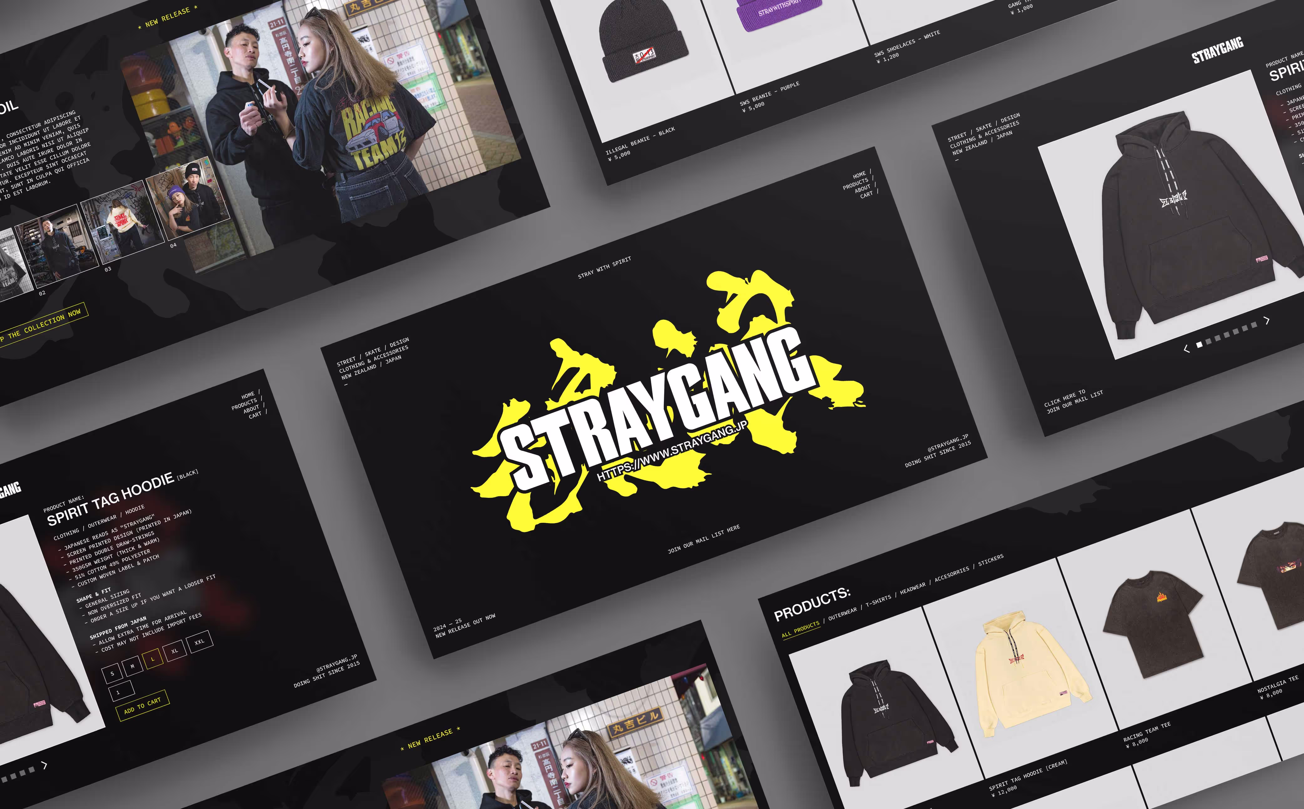 Multiple screens featuring different sections of the Straygang website.