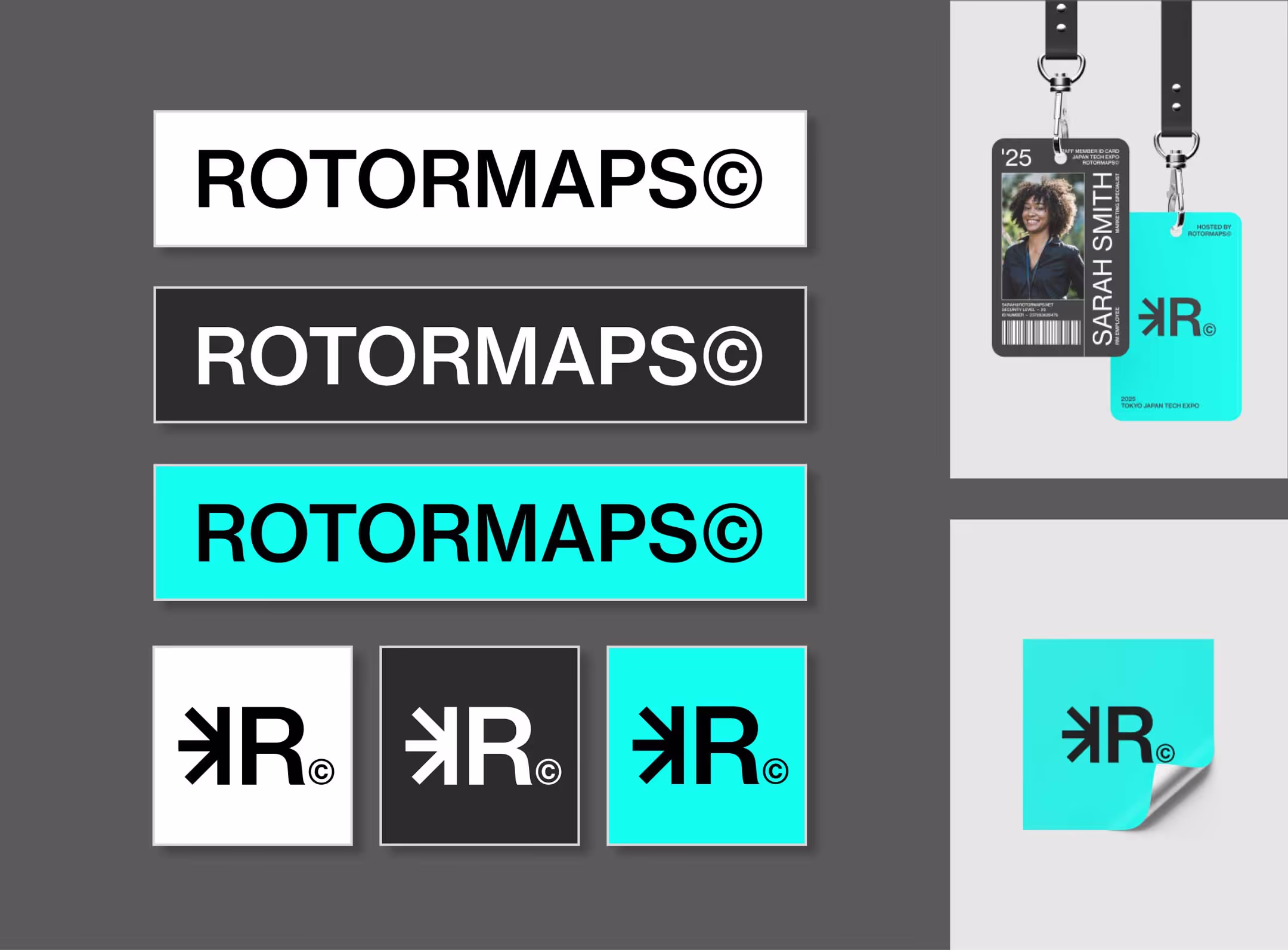 A compilation of Rotormaps branding elements, featuring different variations of the logo and examples of the branding being used on a piece of event collateral and a sticker.
